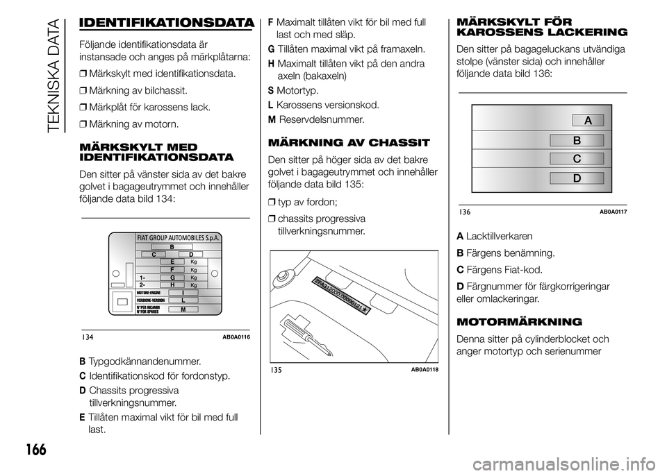 Abarth 500 2015  Drift- och underhållshandbok (in Swedish) IDENTIFIKATIONSDATA
Följande identifikationsdata är
instansade och anges på märkplåtarna:
❒Märkskylt med identifikationsdata.
❒Märkning av bilchassit.
❒Märkplåt för karossens lack.
❒