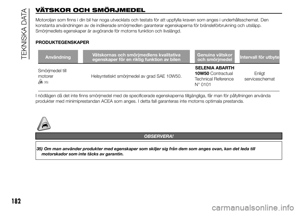 Abarth 500 2016  Drift- och underhållshandbok (in Swedish) VÄTSKOR OCH SMÖRJMEDEL
Motoroljan som finns i din bil har noga utvecklats och testats för att uppfylla kraven som anges i underhållsschemat. Den
konstanta användningen av de indikerade smörjmedl