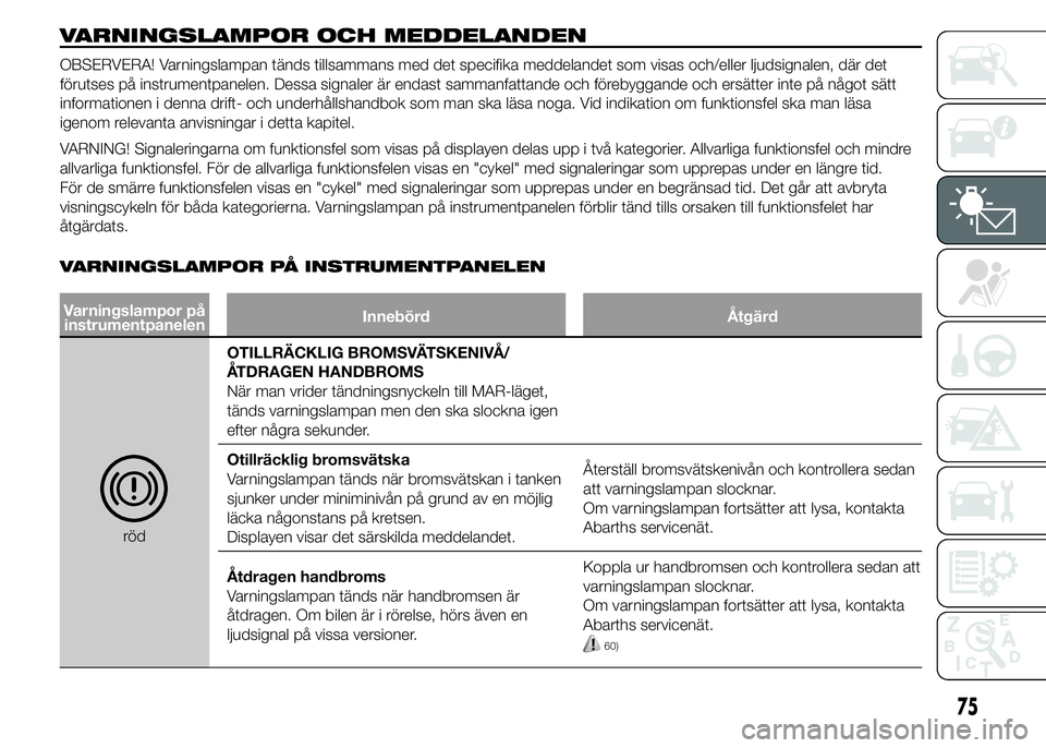 Abarth 500 2015 Drift- och underhållshandbok (in Swedish) VARNINGSLAMPOR OCH MEDDELANDEN
OBSERVERA! Varningslampan tänds tillsammans med det specifika meddelandet som visas och/eller ljudsignalen, där det
förutses på instrumentpanelen. Dessa signaler är Abarth 500 2015 Drift- och underhållshandbok (in Swedish) VARNINGSLAMPOR OCH MEDDELANDEN
OBSERVERA! Varningslampan tänds tillsammans med det specifika meddelandet som visas och/eller ljudsignalen, där det
förutses på instrumentpanelen. Dessa signaler är