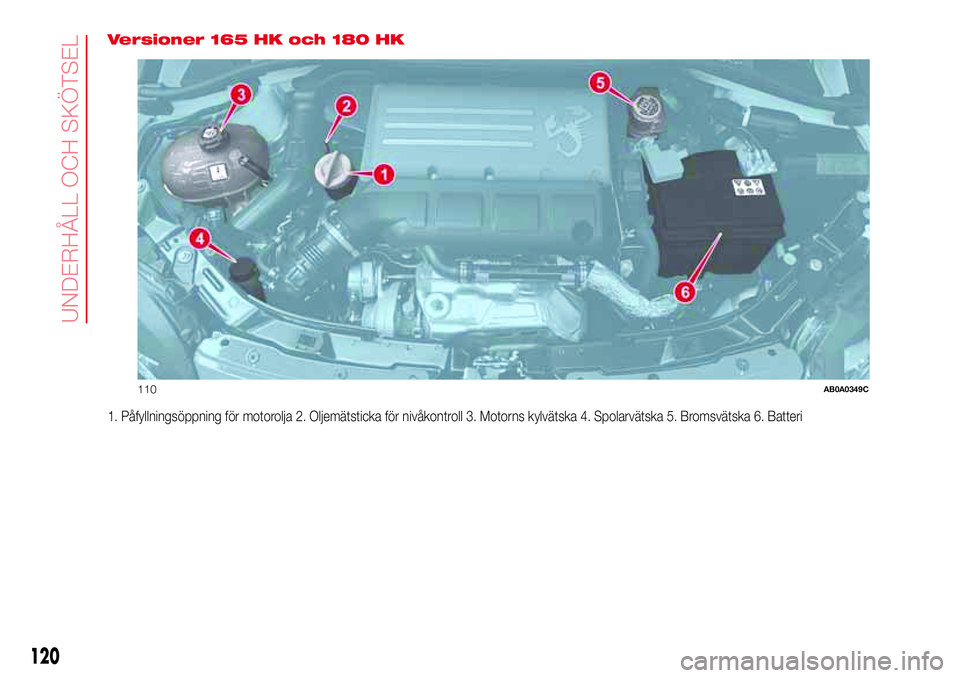 Abarth 500 2017 Drift- och underhållshandbok (in Swedish) Versioner 165 HK och 180 HK
1. Påfyllningsöppning för motorolja 2. Oljemätsticka för nivåkontroll 3. Motorns kylvätska 4. Spolarvätska 5. Bromsvätska 6. Batteri
110AB0A0349C
120
UNDERHÅLL OC Abarth 500 2017 Drift- och underhållshandbok (in Swedish) Versioner 165 HK och 180 HK
1. Påfyllningsöppning för motorolja 2. Oljemätsticka för nivåkontroll 3. Motorns kylvätska 4. Spolarvätska 5. Bromsvätska 6. Batteri
110AB0A0349C
120
UNDERHÅLL OC