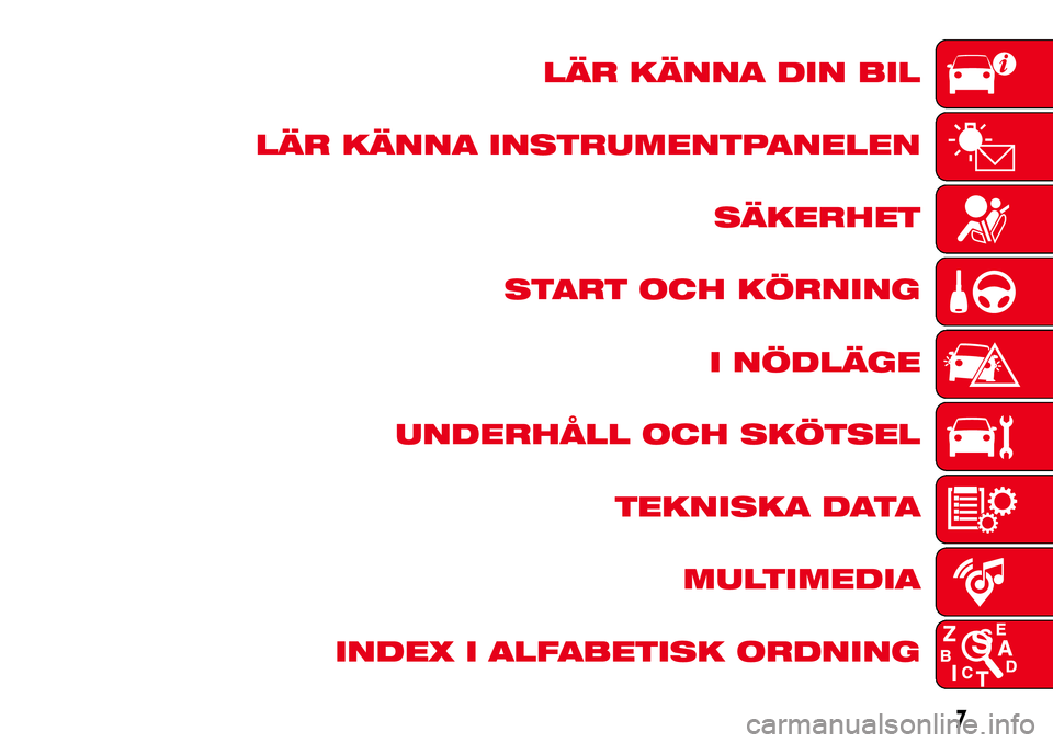 Abarth 500 2017 Drift- och underhållshandbok (in Swedish) LÄR KÄNNA DIN BIL
LÄR KÄNNA INSTRUMENTPANELEN
SÄKERHET
START OCH KÖRNING
I NÖDLÄGE
UNDERHÅLL OCH SKÖTSEL
TEKNISKA DATA
MULTIMEDIA
INDEX I ALFABETISK ORDNING
7 Abarth 500 2017 Drift- och underhållshandbok (in Swedish) LÄR KÄNNA DIN BIL
LÄR KÄNNA INSTRUMENTPANELEN
SÄKERHET
START OCH KÖRNING
I NÖDLÄGE
UNDERHÅLL OCH SKÖTSEL
TEKNISKA DATA
MULTIMEDIA
INDEX I ALFABETISK ORDNING
7