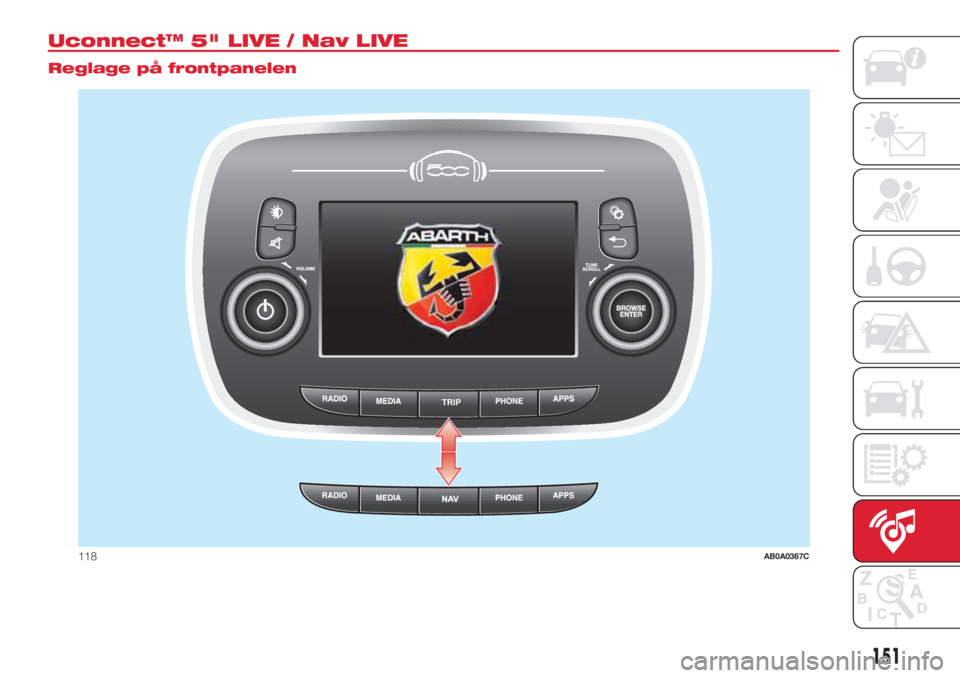 Abarth 500 2018  Drift- och underhållshandbok (in Swedish) Uconnect™ 5" LIVE / Nav LIVE.
Reglage på frontpanelen
TRIP
118AB0A0367C
151 