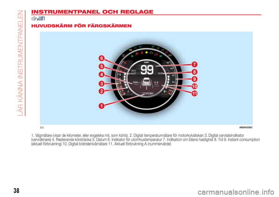 Abarth 500 2018 Drift- och underhållshandbok (in Swedish) INSTRUMENTPANEL OCH REGLAGE
.
HUVUDSKÄRM FÖR FÄRGSKÄRMEN
1. Vägmätare (visar de kilometer, eller engelska mil, som körts). 2. Digital temperaturmätare för motorkylvätskan 3. Digital varvtals Abarth 500 2018 Drift- och underhållshandbok (in Swedish) INSTRUMENTPANEL OCH REGLAGE
.
HUVUDSKÄRM FÖR FÄRGSKÄRMEN
1. Vägmätare (visar de kilometer, eller engelska mil, som körts). 2. Digital temperaturmätare för motorkylvätskan 3. Digital varvtals