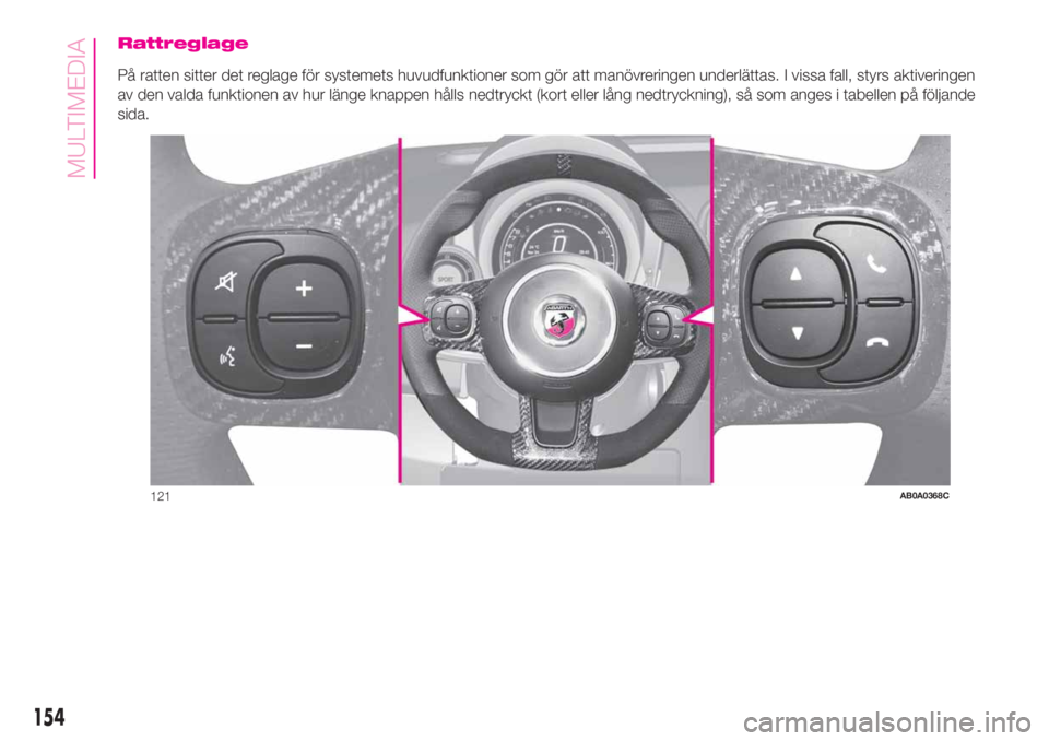 Abarth 500 2020 Drift- och underhållshandbok (in Swedish) Rattreglage
På ratten sitter det reglage för systemets huvudfunktioner som gör att manövreringen underlättas. I vissa fall, styrs aktiveringen
av den valda funktionen av hur länge knappen hålls Abarth 500 2020 Drift- och underhållshandbok (in Swedish) Rattreglage
På ratten sitter det reglage för systemets huvudfunktioner som gör att manövreringen underlättas. I vissa fall, styrs aktiveringen
av den valda funktionen av hur länge knappen hålls