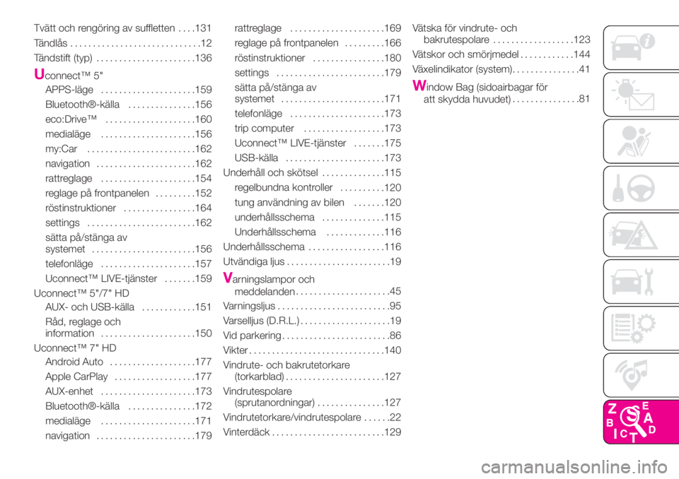Abarth 500 2019  Drift- och underhållshandbok (in Swedish) Tvätt och rengöring av suffletten. . . .131
Tändlås.............................12
Tändstift (typ)......................136
Uconnect™ 5"
APPS-läge.....................159
Bluetooth®-käll