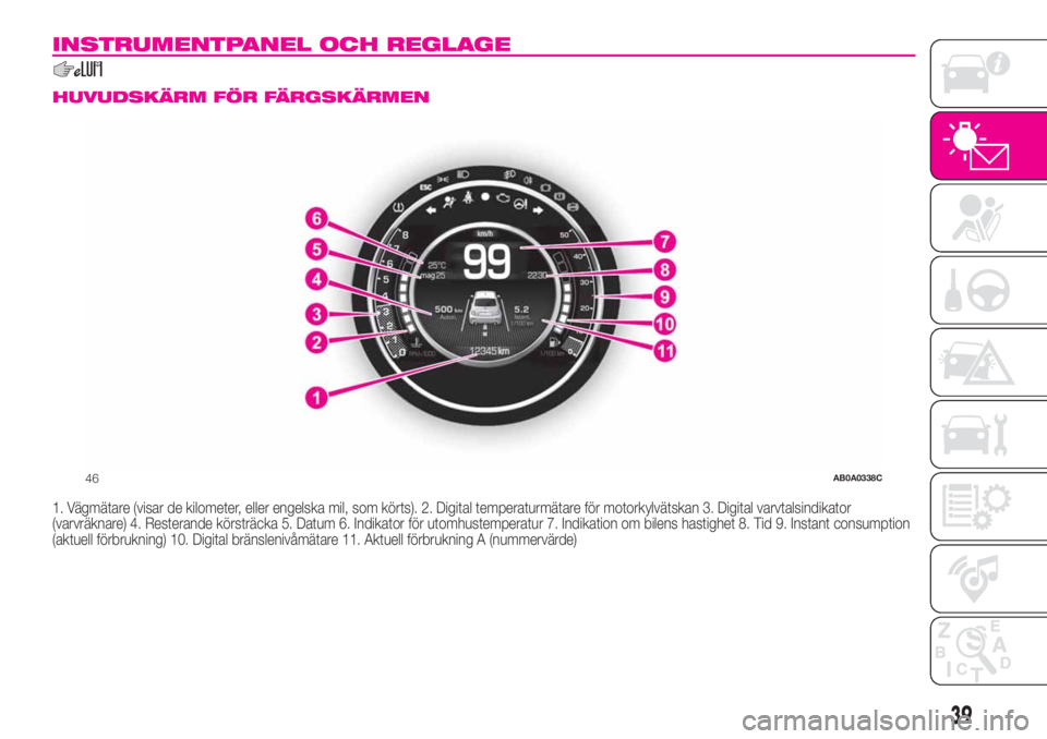 Abarth 500 2020  Drift- och underhållshandbok (in Swedish) INSTRUMENTPANEL OCH REGLAGE
.
HUVUDSKÄRM FÖR FÄRGSKÄRMEN
1. Vägmätare (visar de kilometer, eller engelska mil, som körts). 2. Digital temperaturmätare för motorkylvätskan 3. Digital varvtals