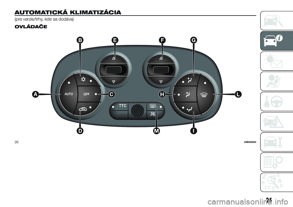 Abarth 500 2016  Návod na použitie a údržbu (in Slovak) AUTOMATICKÁ KLIMATIZÁCIA
(pre verzie/trhy, kde sa dodáva).
OVLÁDAČE
26AB0A0224
25 