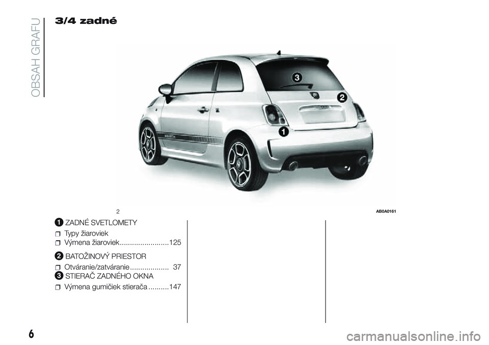 Abarth 500 2016  Návod na použitie a údržbu (in Slovak) 3/4 zadné
.
ZADNÉ SVETLOMETY
Typy žiaroviek
Výmena žiaroviek ........................125
BATOŽINOVÝ PRIESTOR
Otváranie/zatváranie ................... 37
STIERAČ ZADNÉHO OKNA
Výmena gumiči