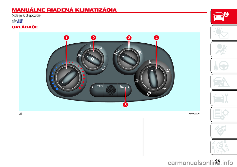 Abarth 500 2017  Návod na použitie a údržbu (in Slovak) MANUÁLNE RIADENÁ KLIMATIZÁCIA
(kde je k dispozícii)
.
OVLÁDAČE
1
5
234
26AB0A0223C
25 