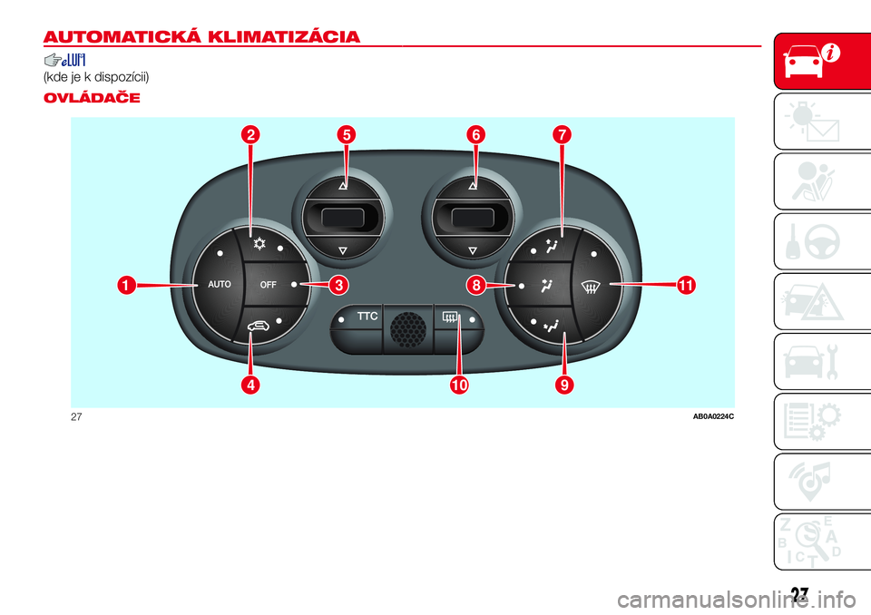 Abarth 500 2017  Návod na použitie a údržbu (in Slovak) AUTOMATICKÁ KLIMATIZÁCIA.
(kde je k dispozícii).
OVLÁDAČE
2765
9104
11381
27AB0A0224C
27 