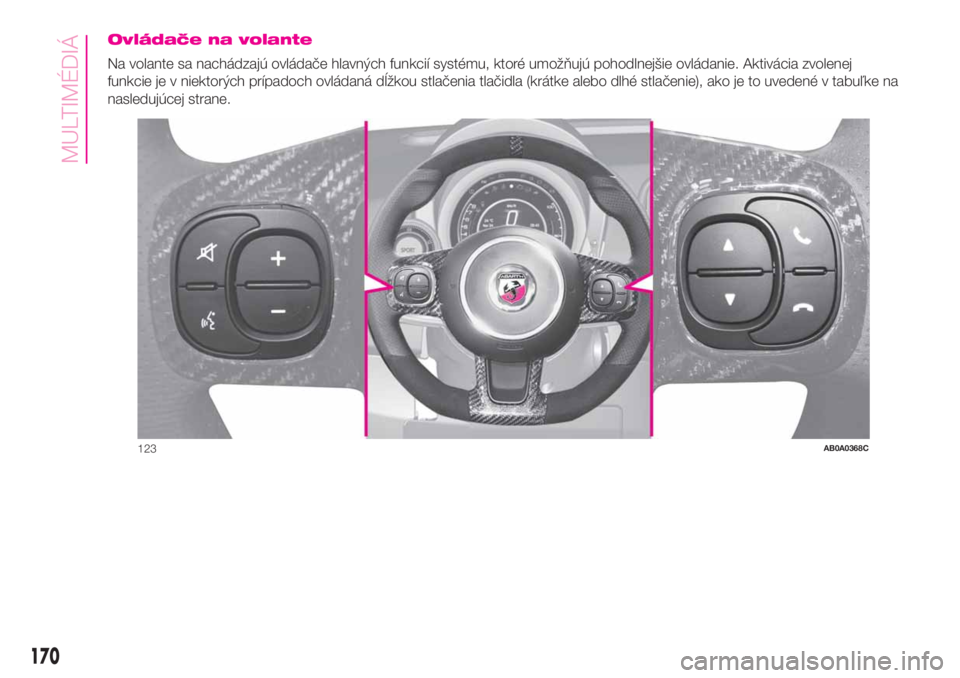 Abarth 500 2019 Návod na použitie a údržbu (in Slovak) Ovládače na volante
Na volante sa nachádzajú ovládače hlavných funkcií systému, ktoré umožňujú pohodlnejšie ovládanie. Aktivácia zvolenej
funkcie je v niektorých prípadoch ovládaná Abarth 500 2019 Návod na použitie a údržbu (in Slovak) Ovládače na volante
Na volante sa nachádzajú ovládače hlavných funkcií systému, ktoré umožňujú pohodlnejšie ovládanie. Aktivácia zvolenej
funkcie je v niektorých prípadoch ovládaná
