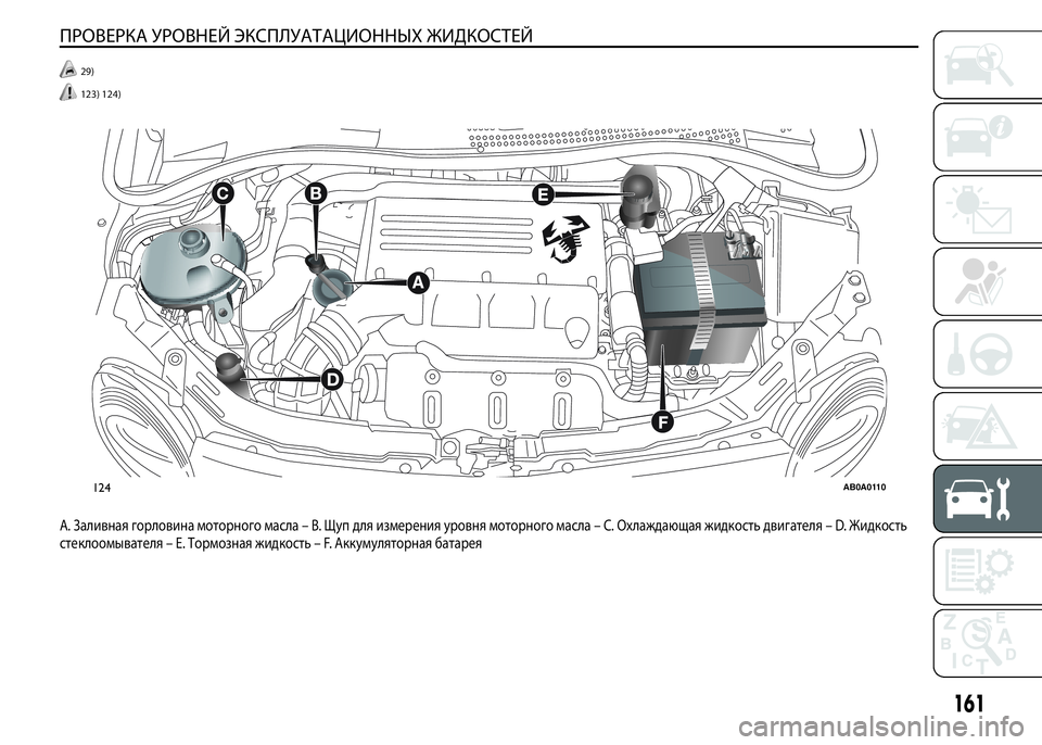Abarth 500 2020 Руководство по эксплуатации и техобслу (in Russian) ПРОВЕРКА УРОВНЕЙ ЭКСПЛУАТАЦИОННЫХ ЖИДКОСТЕЙ
29)
123) 124).
A. Заливная горловина моторного масла – B. Щуп для измер Abarth 500 2020 Руководство по эксплуатации и техобслу (in Russian) ПРОВЕРКА УРОВНЕЙ ЭКСПЛУАТАЦИОННЫХ ЖИДКОСТЕЙ
29)
123) 124).
A. Заливная горловина моторного масла – B. Щуп для измер