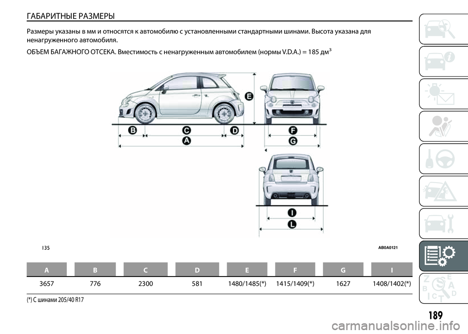 Abarth 500 2020 Руководство по эксплуатации и техобслу (in Russian) ГАБАРИТНЫЕ РАЗМЕРЫ
Размеры указаны в мм и относятся к автомобилю с установленными стандартными шинами. Высо Abarth 500 2020 Руководство по эксплуатации и техобслу (in Russian) ГАБАРИТНЫЕ РАЗМЕРЫ
Размеры указаны в мм и относятся к автомобилю с установленными стандартными шинами. Высо