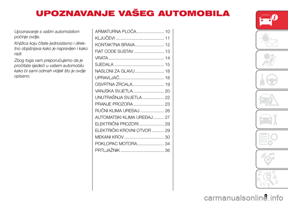 Abarth 500 2016 Knjižica s uputama za uporabu i održavanje (in Croatian) 9
UPOZNAVANJE VAŠEG AUTOMOBIL A
Upoznavanje s vašim automobilom
počinje ovdje.
Knjižica koju čitate jednostavno i direk-
tno objašnjava kako je napravljen i kako
radi.
Zbog toga vam preporuču Abarth 500 2016 Knjižica s uputama za uporabu i održavanje (in Croatian) 9
UPOZNAVANJE VAŠEG AUTOMOBIL A
Upoznavanje s vašim automobilom
počinje ovdje.
Knjižica koju čitate jednostavno i direk-
tno objašnjava kako je napravljen i kako
radi.
Zbog toga vam preporuču