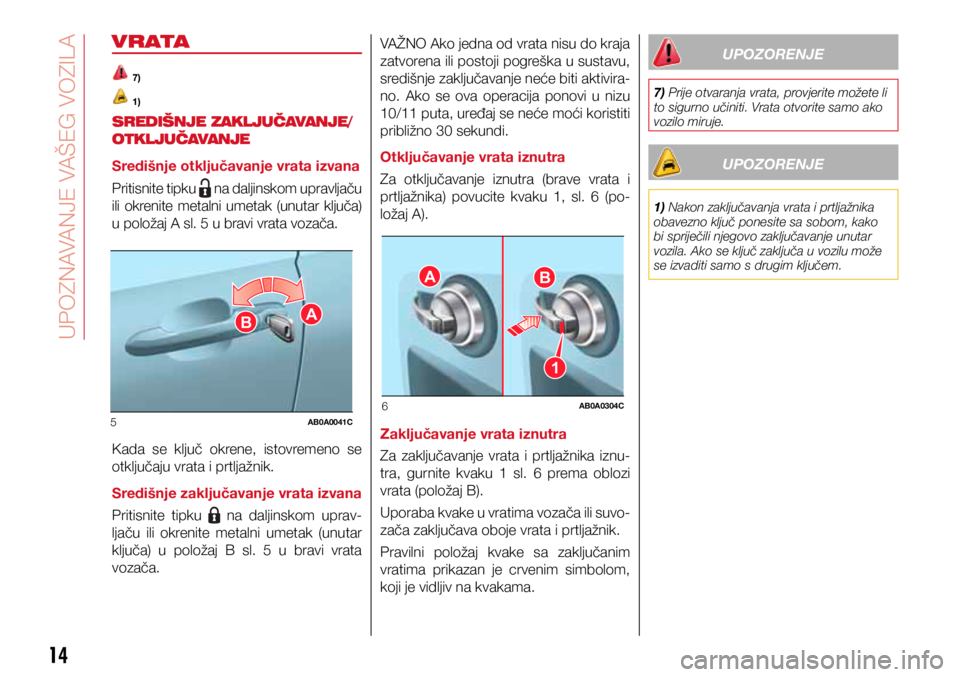 Abarth 500 2019  Knjižica s uputama za uporabu i održavanje (in Croatian) BA
5AB0A0041C
AB
1
6AB0A0304C
14
VRATA
 7)
 1)
SREDIŠNJE ZAKLJUČAVANJE/
OTKLJUČAVANJE
Središnje otključavanje vrata izvana 
Pritisnite tipku 
 na daljinskom upravljaču 
ili  okrenite  metalni  u