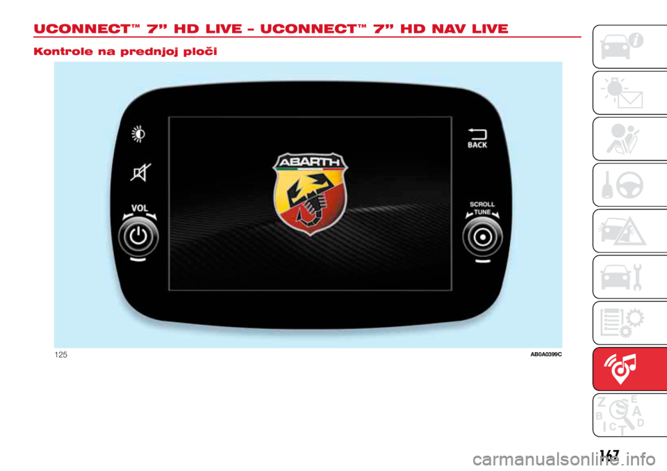 Abarth 500 2021  Knjižica s uputama za uporabu i održavanje (in Croatian) .
Controls on front panel
125AB0A0399C
167167
UCONNECT™ 7” HD LIVE – UCONNECT™ 7” HD NAV LIVE
Kontrole na prednjoj ploči  
