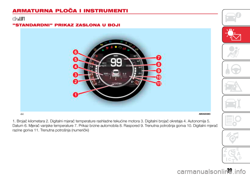 Abarth 500 2019  Knjižica s uputama za uporabu i održavanje (in Croatian) 44AB0A0338C
3939
ARMATURNA PLOČA I INSTRUMENTI
”STANDARDNI” PRIKAZ ZASLONA U BOJI
1. Brojač kilometara 2. Digitalni mjerač temperature rashladne tekućine motora 3. Digitalni brojač okretaja 4