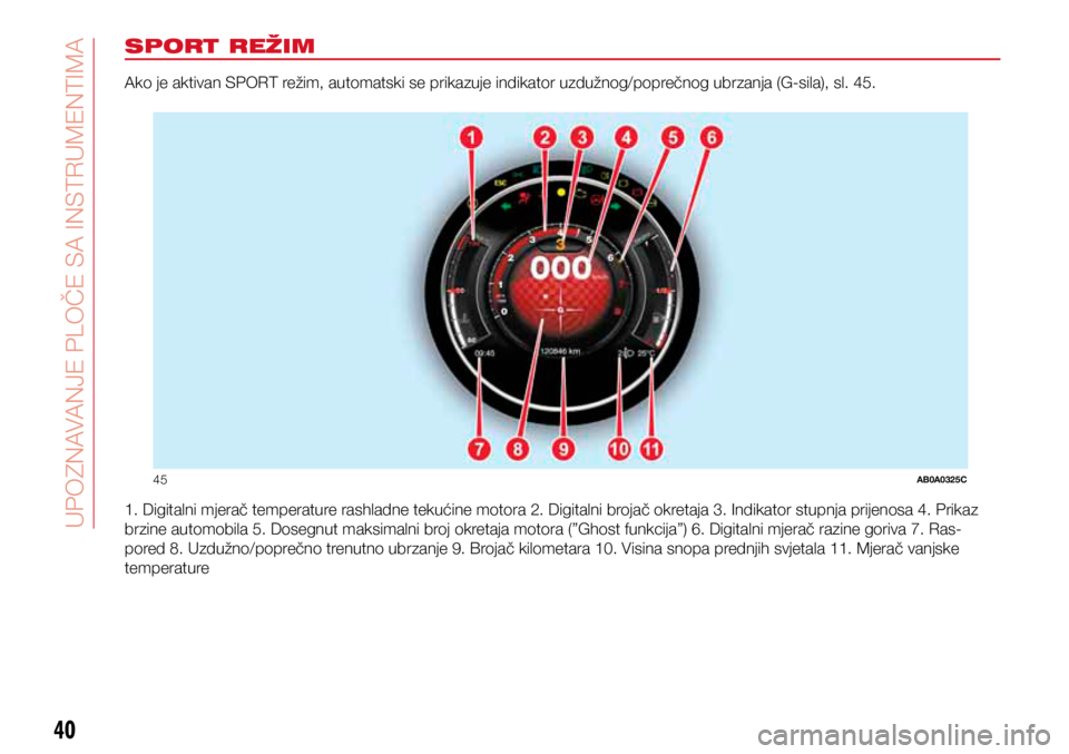 Abarth 500 2019  Knjižica s uputama za uporabu i održavanje (in Croatian) 45AB0A0325C
40
KNOWING THE INSTRUMENT PANEL
40
SPORT REŽIM
Ako je aktivan SPORT režim, automatski se prikazuje indikator uzdužnog/poprečnog ubrzanja (G-sila), sl. 45.
1. Digitalni mjerač temperat