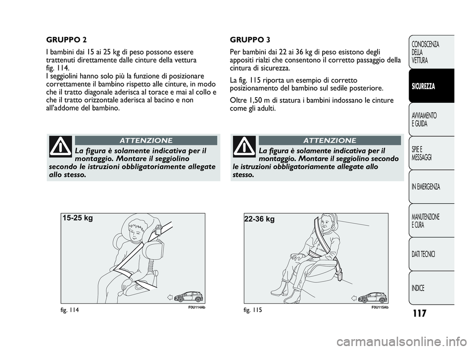 Abarth Punto Evo 2010  Libretto Uso Manutenzione (in Italian) 117
CONOSCENZA
DELLA
VETTURA
SICUREZZA
AVVIAMENTO
E GUIDA
SPIE E
MESSAGGI
IN EMERGENZA
MANUTENZIONE
E CURA
DATI TECNICI
INDICE
F0U115Abfig. 115
La figura è solamente indicativa per il
montaggio. Mont