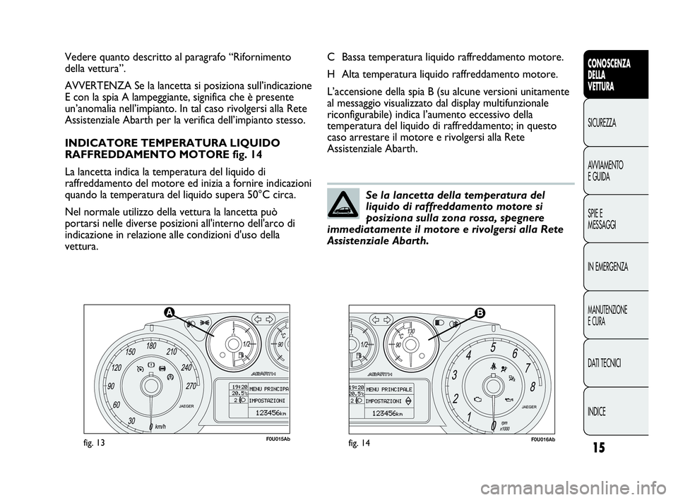 Abarth Punto Evo 2010  Libretto Uso Manutenzione (in Italian) INDICE DATI TECNICI
MANUTENZIONE
E CURA
IN EMERGENZA SPIE E
MESSAGGI AVVIAMENTO
E GUIDA SICUREZZA
CONOSCENZA
DELLA
VETTURA
15
F0U015Abfig. 13F0U016Abfig. 14
C Bassa temperatura liquido raffreddamento 