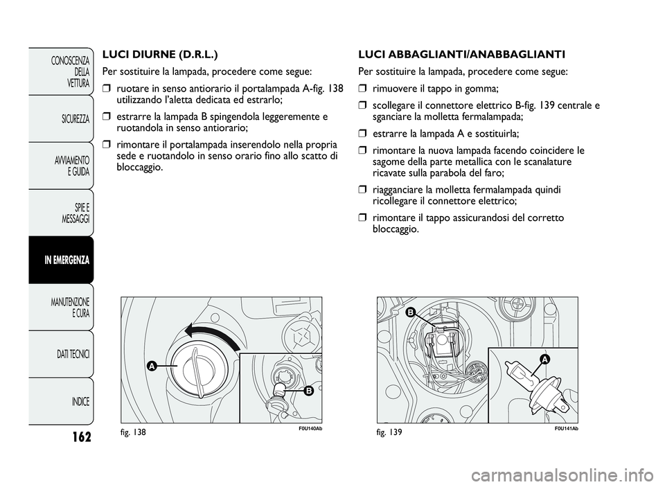 Abarth Punto Evo 2010 Libretto Uso Manutenzione (in Italian) 162
CONOSCENZA
DELLA
VETTURA
SICUREZZA
AVVIAMENTO
E GUIDA
SPIE E
MESSAGGI
INEMERGENZA
MANUTENZIONE
E CURA
DATI TECNICI
INDICE
F0U140Abfig. 138
LUCI DIURNE (D.R.L.)
Per sostituire la lampada, procedere Abarth Punto Evo 2010 Libretto Uso Manutenzione (in Italian) 162
CONOSCENZA
DELLA
VETTURA
SICUREZZA
AVVIAMENTO
E GUIDA
SPIE E
MESSAGGI
INEMERGENZA
MANUTENZIONE
E CURA
DATI TECNICI
INDICE
F0U140Abfig. 138
LUCI DIURNE (D.R.L.)
Per sostituire la lampada, procedere