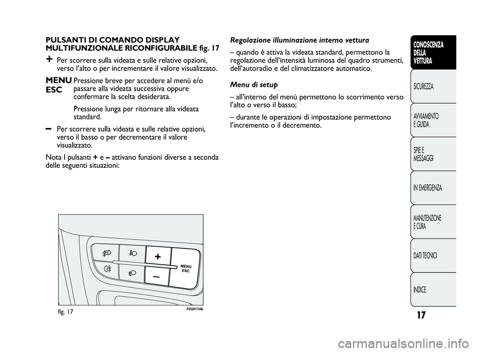 Abarth Punto Evo 2010  Libretto Uso Manutenzione (in Italian) INDICE DATI TECNICI
MANUTENZIONE
E CURA
IN EMERGENZA SPIE E
MESSAGGI AVVIAMENTO
E GUIDA SICUREZZA
CONOSCENZA
DELLA
VETTURA
17
PULSANTI DI COMANDO DISPLAY 
MULTIFUNZIONALE RICONFIGURABILE fig. 17
+Per 