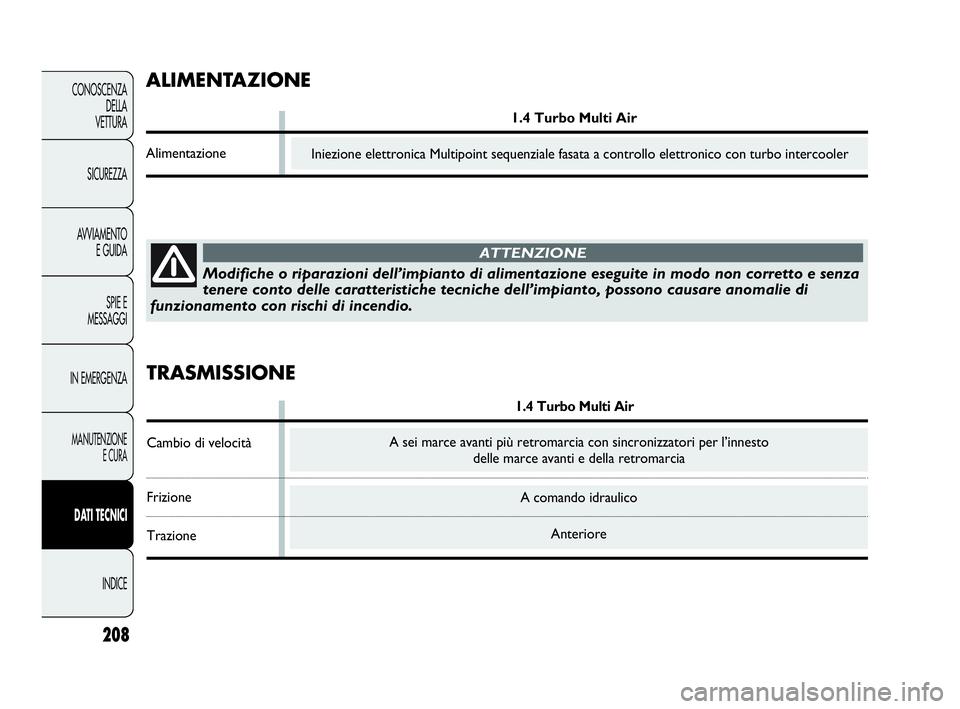Abarth Punto Evo 2010  Libretto Uso Manutenzione (in Italian) 208
CONOSCENZA
DELLA 
VETTURA
SICUREZZA
AVVIAMENTO
E GUIDA
SPIE E
MESSAGGI
IN EMERGENZA
MANUTENZIONE
E CURA
DATI TECNICI
INDICE
A comando idraulico
Anteriore
Modifiche o riparazioni dell’impianto di
