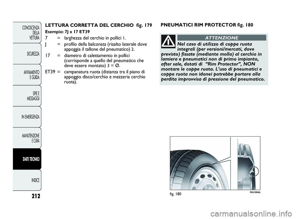 Abarth Punto Evo 2010 Libretto Uso Manutenzione (in Italian) 212
CONOSCENZA
DELLA
VETTURA
SICUREZZA
AVVIAMENTO
E GUIDA
SPIE E
MESSAGGI
IN EMERGENZA
MANUTENZIONE
E CURA
DATI TECNICI
INDICE
LETTURA CORRETTA DEL CERCHIO fig. 179
Esempio: 7J x 17 ET39
7 = larghe Abarth Punto Evo 2010 Libretto Uso Manutenzione (in Italian) 212
CONOSCENZA
DELLA
VETTURA
SICUREZZA
AVVIAMENTO
E GUIDA
SPIE E
MESSAGGI
IN EMERGENZA
MANUTENZIONE
E CURA
DATI TECNICI
INDICE
LETTURA CORRETTA DEL CERCHIO fig. 179
Esempio: 7J x 17 ET39
7 = larghe