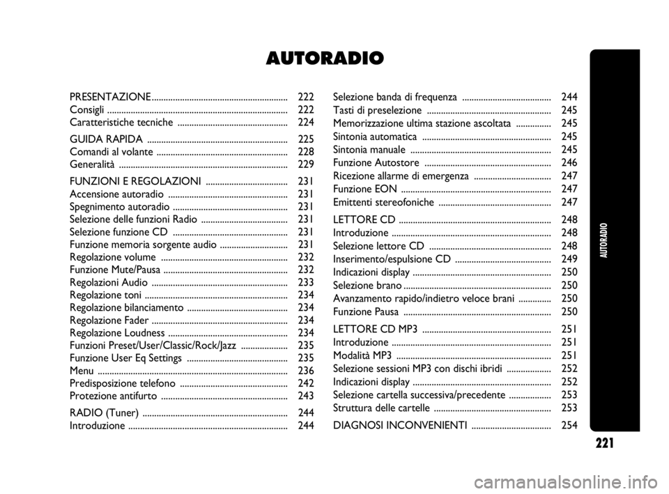 Abarth Punto Evo 2010  Libretto Uso Manutenzione (in Italian) Selezione banda di frequenza ...................................... 244
Tasti di preselezione ..................................................... 245
Memorizzazione ultima stazione ascoltata .......