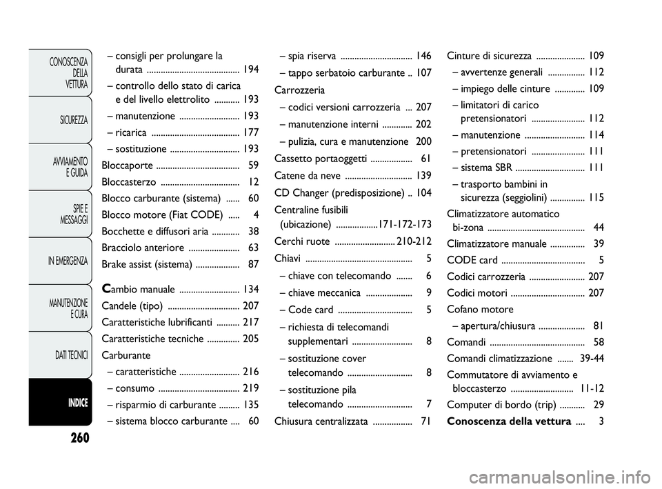 Abarth Punto Evo 2010  Libretto Uso Manutenzione (in Italian) 260
CONOSCENZA
DELLA 
VETTURA
SICUREZZA
AVVIAMENTO
E GUIDA
SPIE E
MESSAGGI
IN EMERGENZA
MANUTENZIONE
E CURA
DATI TECNICI
INDICE
– consigli per prolungare la 
durata .................................