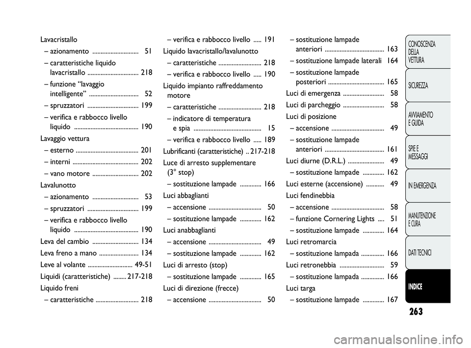Abarth Punto Evo 2010  Libretto Uso Manutenzione (in Italian) 263
CONOSCENZA
DELLA 
VETTURA
SICUREZZA
AVVIAMENTO
E GUIDA
SPIE E
MESSAGGI
IN EMERGENZA
MANUTENZIONE
E CURA
DATI TECNICI
INDICE
Lavacristallo
– azionamento ............................ 51
– caratt