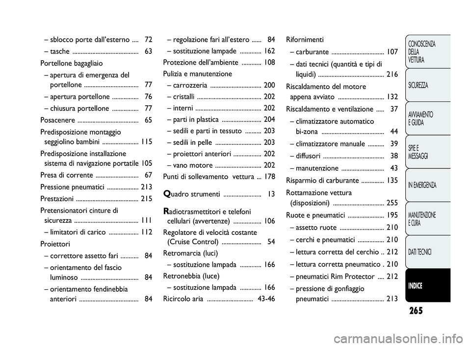 Abarth Punto Evo 2010  Libretto Uso Manutenzione (in Italian) 265
CONOSCENZA
DELLA 
VETTURA
SICUREZZA
AVVIAMENTO
E GUIDA
SPIE E
MESSAGGI
IN EMERGENZA
MANUTENZIONE
E CURA
DATI TECNICI
INDICE
– sblocco porte dall’esterno  .... 72
– tasche ...................
