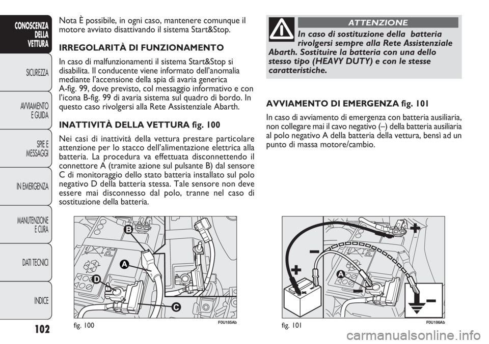 Abarth Punto Evo 2011  Libretto Uso Manutenzione (in Italian) 102
CONOSCENZA
DELLA
VETTURA
SICUREZZA
AVVIAMENTO
E GUIDA
SPIE E
MESSAGGI
IN EMERGENZA
MANUTENZIONE
E CURA
DATI TECNICI
INDICE
F0U185Abfig. 100F0U186Abfig. 101
AVVIAMENTO DI EMERGENZA fig. 101
In caso