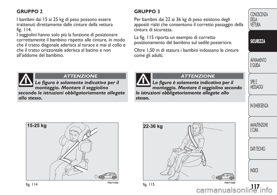 Abarth Punto Evo 2011  Libretto Uso Manutenzione (in Italian) 117
CONOSCENZA
DELLA
VETTURA
SICUREZZA
AVVIAMENTO
E GUIDA
SPIE E
MESSAGGI
IN EMERGENZA
MANUTENZIONE
E CURA
DATI TECNICI
INDICE
F0U115Abfig. 115
La figura è solamente indicativa per il
montaggio. Mont