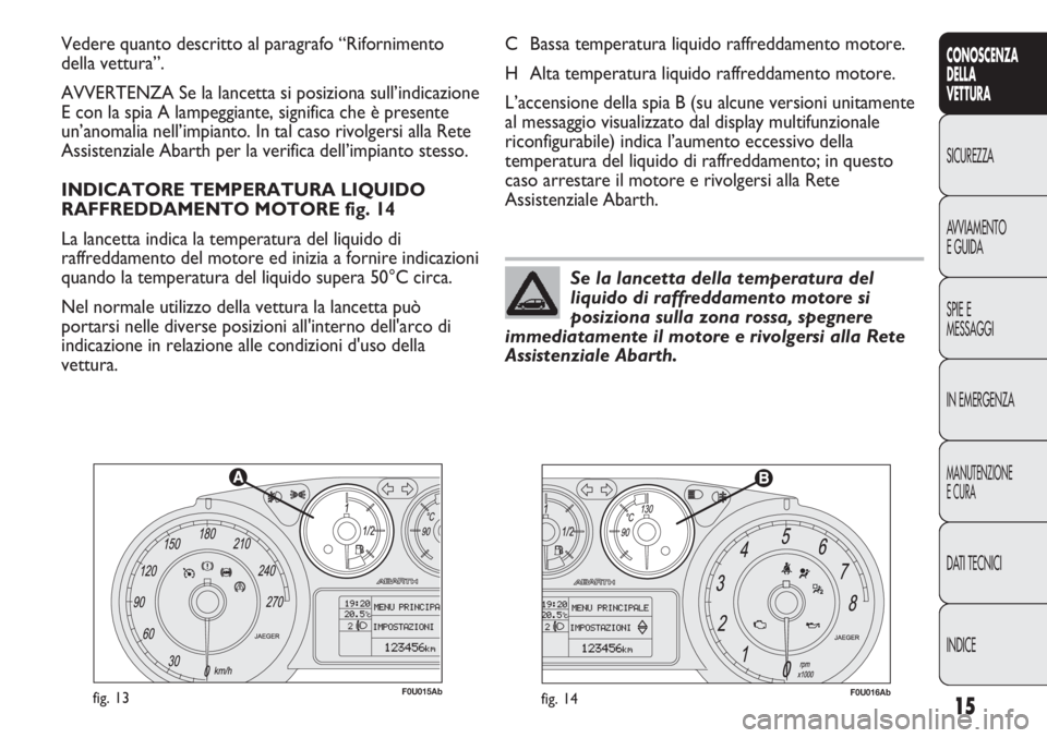 Abarth Punto Evo 2011  Libretto Uso Manutenzione (in Italian) INDICE DATI TECNICI
MANUTENZIONE
E CURA
IN EMERGENZA SPIE E
MESSAGGI AVVIAMENTO
E GUIDA SICUREZZA
CONOSCENZA
DELLA
VETTURA
15
F0U015Abfig. 13F0U016Abfig. 14
C Bassa temperatura liquido raffreddamento 