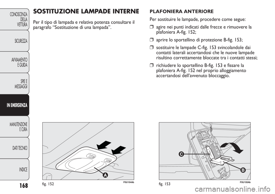 Abarth Punto Evo 2011 Libretto Uso Manutenzione (in Italian) 168
CONOSCENZA
DELLA
VETTURA
SICUREZZA
AVVIAMENTO
E GUIDA
SPIE E
MESSAGGI
IN EMERGENZA
MANUTENZIONE
E CURA
DATI TECNICI
INDICE
F0U154Abfig. 152
SOSTITUZIONE LAMPADE INTERNE
Per il tipo di lampada e re Abarth Punto Evo 2011 Libretto Uso Manutenzione (in Italian) 168
CONOSCENZA
DELLA
VETTURA
SICUREZZA
AVVIAMENTO
E GUIDA
SPIE E
MESSAGGI
IN EMERGENZA
MANUTENZIONE
E CURA
DATI TECNICI
INDICE
F0U154Abfig. 152
SOSTITUZIONE LAMPADE INTERNE
Per il tipo di lampada e re
