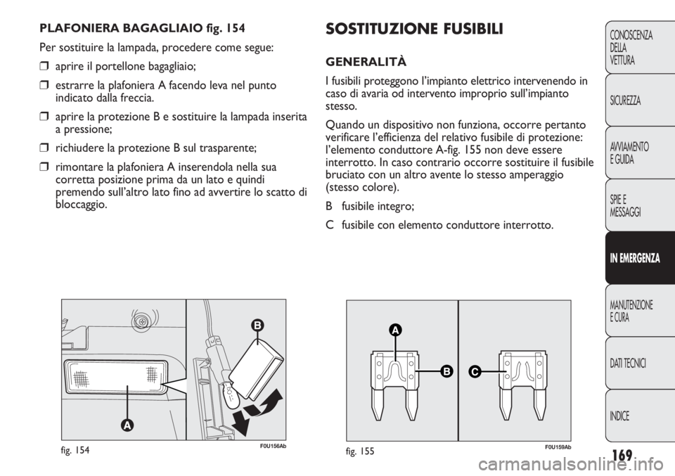 Abarth Punto Evo 2011 Libretto Uso Manutenzione (in Italian) 169
CONOSCENZA
DELLA
VETTURA
SICUREZZA
AVVIAMENTO
E GUIDA
SPIE E
MESSAGGI
IN EMERGENZA
MANUTENZIONE
E CURA
DATI TECNICI
INDICE
F0U156Abfig. 154
PLAFONIERA BAGAGLIAIO fig. 154
Per sostituire la lampada Abarth Punto Evo 2011 Libretto Uso Manutenzione (in Italian) 169
CONOSCENZA
DELLA
VETTURA
SICUREZZA
AVVIAMENTO
E GUIDA
SPIE E
MESSAGGI
IN EMERGENZA
MANUTENZIONE
E CURA
DATI TECNICI
INDICE
F0U156Abfig. 154
PLAFONIERA BAGAGLIAIO fig. 154
Per sostituire la lampada