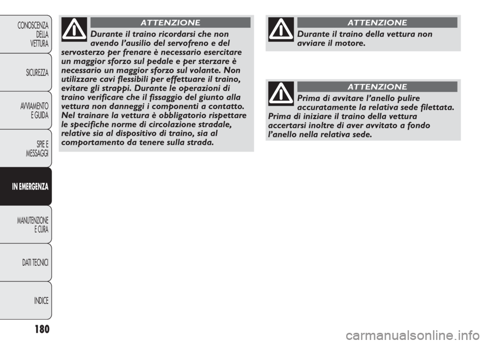 Abarth Punto Evo 2011 Libretto Uso Manutenzione (in Italian) INDICE DATI TECNICI
MANUTENZIONE
E CURA
IN EMERGENZA
SPIE E
MESSAGGI AVVIAMENTO
E GUIDA SICUREZZA CONOSCENZA
DELLA
VETTURA
180
Durante il traino ricordarsi che non
avendo l’ausilio del servofreno e Abarth Punto Evo 2011 Libretto Uso Manutenzione (in Italian) INDICE DATI TECNICI
MANUTENZIONE
E CURA
IN EMERGENZA
SPIE E
MESSAGGI AVVIAMENTO
E GUIDA SICUREZZA CONOSCENZA
DELLA
VETTURA
180
Durante il traino ricordarsi che non
avendo l’ausilio del servofreno e