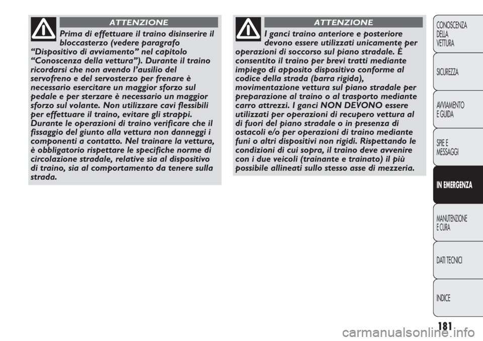 Abarth Punto Evo 2011 Libretto Uso Manutenzione (in Italian) INDICE DATI TECNICI
MANUTENZIONE
E CURA
IN EMERGENZA
SPIE E
MESSAGGI AVVIAMENTO
E GUIDA SICUREZZA CONOSCENZA
DELLA
VETTURA
181
Prima di effettuare il traino disinserire il
bloccasterzo (vedere paragra Abarth Punto Evo 2011 Libretto Uso Manutenzione (in Italian) INDICE DATI TECNICI
MANUTENZIONE
E CURA
IN EMERGENZA
SPIE E
MESSAGGI AVVIAMENTO
E GUIDA SICUREZZA CONOSCENZA
DELLA
VETTURA
181
Prima di effettuare il traino disinserire il
bloccasterzo (vedere paragra