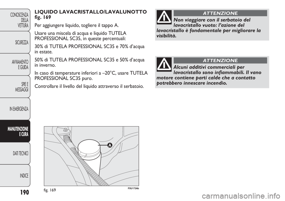 Abarth Punto Evo 2011 Libretto Uso Manutenzione (in Italian) F0U173Abfig. 169190
CONOSCENZA
DELLA
VETTURA
SICUREZZA
AVVIAMENTO
E GUIDA
SPIE E
MESSAGGI
IN EMERGENZA
MANUTENZIONE
E CURA
DATI TECNICI
INDICE
LIQUIDO LAVACRISTALLO/LAVALUNOTTO
fig. 169
Per aggiungere Abarth Punto Evo 2011 Libretto Uso Manutenzione (in Italian) F0U173Abfig. 169190
CONOSCENZA
DELLA
VETTURA
SICUREZZA
AVVIAMENTO
E GUIDA
SPIE E
MESSAGGI
IN EMERGENZA
MANUTENZIONE
E CURA
DATI TECNICI
INDICE
LIQUIDO LAVACRISTALLO/LAVALUNOTTO
fig. 169
Per aggiungere