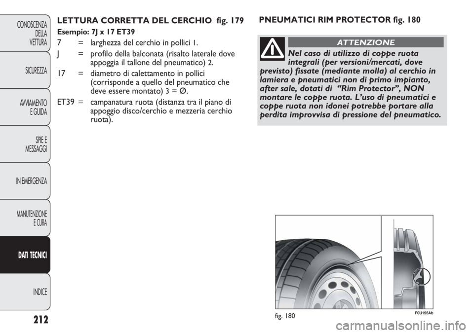 Abarth Punto Evo 2011 Libretto Uso Manutenzione (in Italian) 212
CONOSCENZA
DELLA
VETTURA
SICUREZZA
AVVIAMENTO
E GUIDA
SPIE E
MESSAGGI
IN EMERGENZA
MANUTENZIONE
E CURA
DATI TECNICI
INDICE
LETTURA CORRETTA DEL CERCHIO fig. 179
Esempio: 7J x 17 ET39
7 = larghez Abarth Punto Evo 2011 Libretto Uso Manutenzione (in Italian) 212
CONOSCENZA
DELLA
VETTURA
SICUREZZA
AVVIAMENTO
E GUIDA
SPIE E
MESSAGGI
IN EMERGENZA
MANUTENZIONE
E CURA
DATI TECNICI
INDICE
LETTURA CORRETTA DEL CERCHIO fig. 179
Esempio: 7J x 17 ET39
7 = larghez