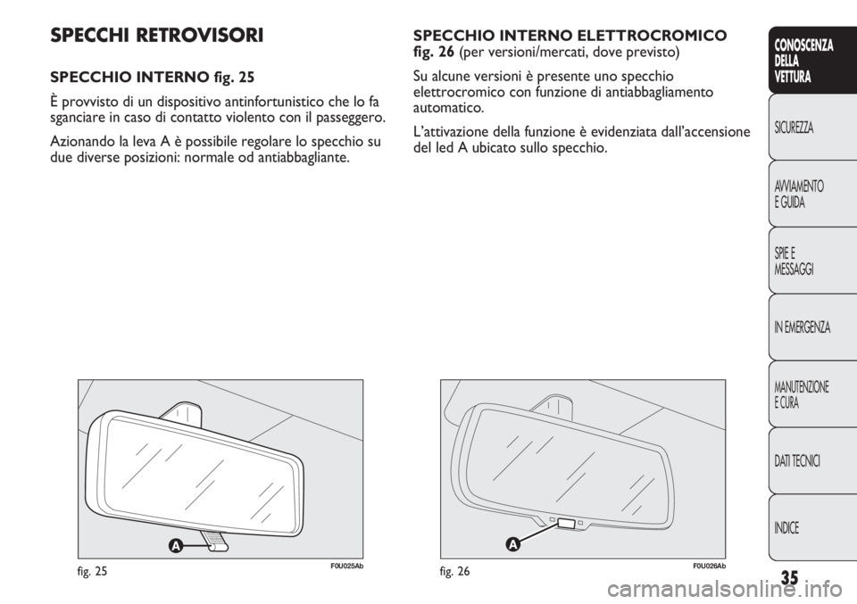 Abarth Punto Evo 2011  Libretto Uso Manutenzione (in Italian) INDICE DATI TECNICI
MANUTENZIONE
E CURA
IN EMERGENZA SPIE E
MESSAGGI AVVIAMENTO
E GUIDA SICUREZZA
CONOSCENZA
DELLA
VETTURA
35
SPECCHIO INTERNO ELETTROCROMICO
fig. 26 (per versioni/mercati, dove previs