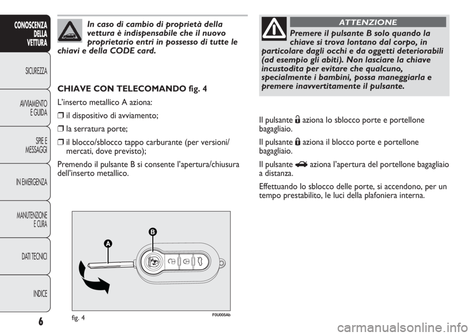 Abarth Punto Evo 2011 Libretto Uso Manutenzione (in Italian) 6
CONOSCENZA
DELLA
VETTURA
SICUREZZA
AVVIAMENTO
E GUIDA
SPIE E
MESSAGGI
IN EMERGENZA
MANUTENZIONE
E CURA
DATI TECNICI
INDICE
F0U005Abfig. 4
CHIAVE CON TELECOMANDO fig. 4
L’inserto metallico A aziona Abarth Punto Evo 2011 Libretto Uso Manutenzione (in Italian) 6
CONOSCENZA
DELLA
VETTURA
SICUREZZA
AVVIAMENTO
E GUIDA
SPIE E
MESSAGGI
IN EMERGENZA
MANUTENZIONE
E CURA
DATI TECNICI
INDICE
F0U005Abfig. 4
CHIAVE CON TELECOMANDO fig. 4
L’inserto metallico A aziona