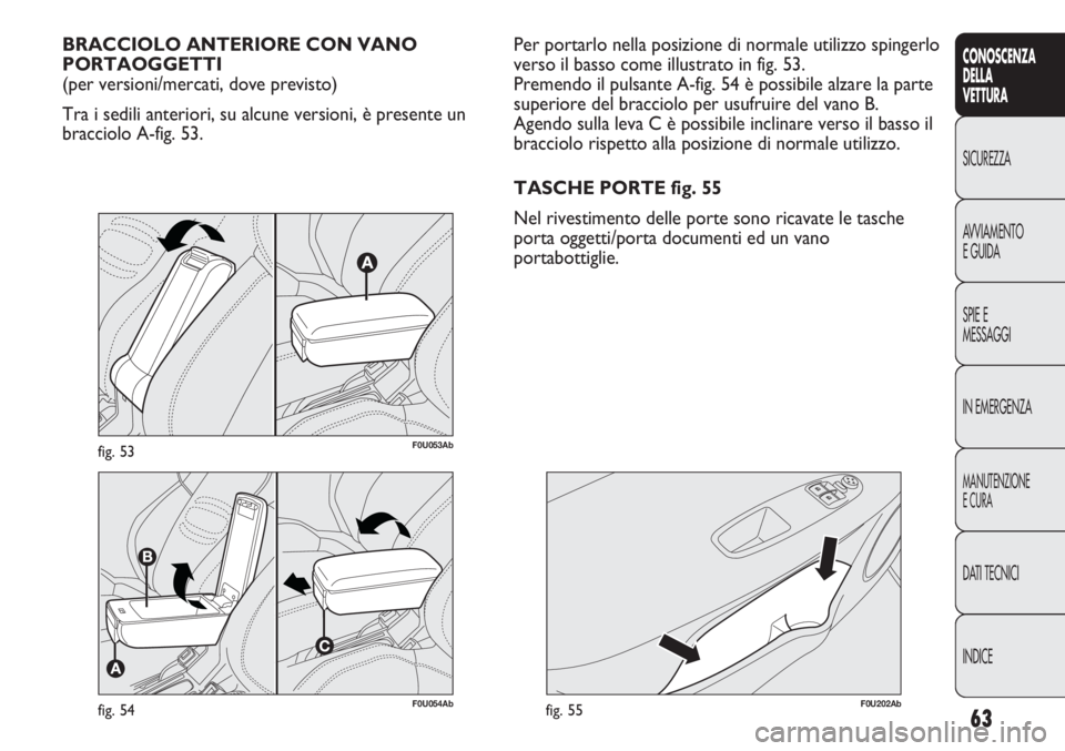 Abarth Punto Evo 2011 Libretto Uso Manutenzione (in Italian) 63
CONOSCENZA
DELLA
VETTURA
SICUREZZA
AVVIAMENTO
E GUIDA
SPIE E
MESSAGGI
IN EMERGENZA
MANUTENZIONE
E CURA
DATI TECNICI
INDICE
F0U054Abfig. 54
BRACCIOLO ANTERIORE CON VANO
PORTAOGGETTI
(per versioni/ Abarth Punto Evo 2011 Libretto Uso Manutenzione (in Italian) 63
CONOSCENZA
DELLA
VETTURA
SICUREZZA
AVVIAMENTO
E GUIDA
SPIE E
MESSAGGI
IN EMERGENZA
MANUTENZIONE
E CURA
DATI TECNICI
INDICE
F0U054Abfig. 54
BRACCIOLO ANTERIORE CON VANO
PORTAOGGETTI
(per versioni/