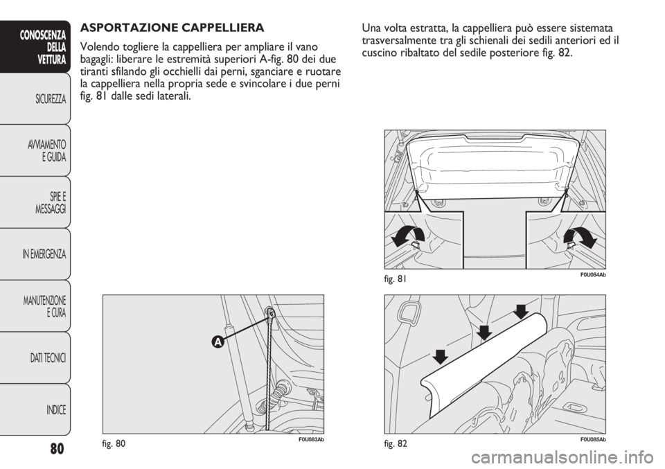 Abarth Punto Evo 2012  Libretto Uso Manutenzione (in Italian) 80
CONOSCENZA
DELLA
VETTURA
SICUREZZA
AVVIAMENTO
E GUIDA
SPIE E
MESSAGGI
IN EMERGENZA
MANUTENZIONE
E CURA
DATI TECNICI
INDICE
ASPORTAZIONE CAPPELLIERA
Volendo togliere la cappelliera per ampliare il v