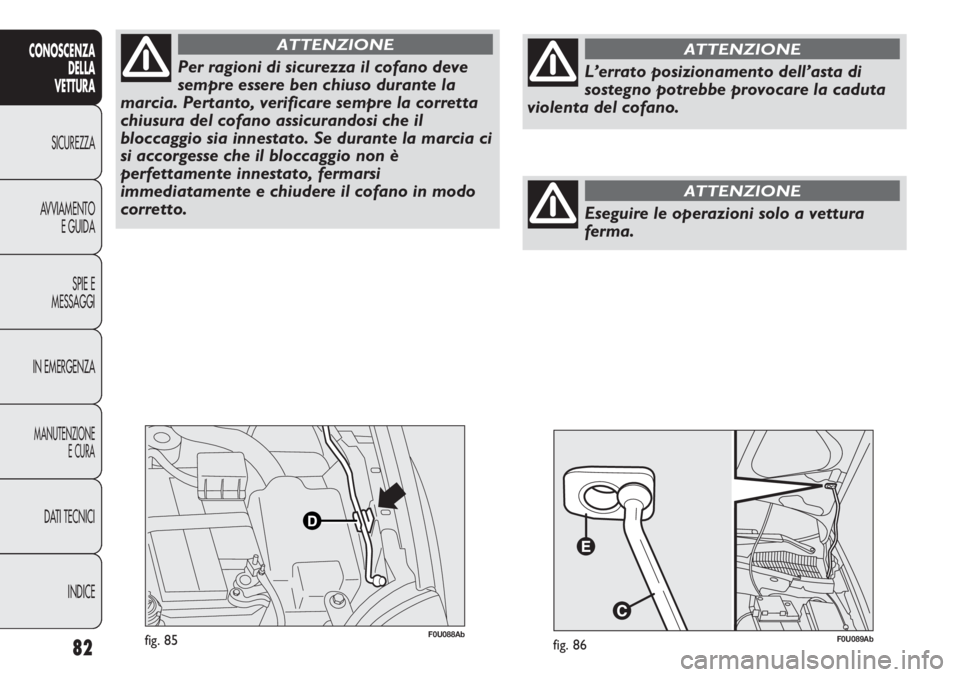 Abarth Punto Evo 2012  Libretto Uso Manutenzione (in Italian) 82
CONOSCENZA
DELLA
VETTURA
SICUREZZA
AVVIAMENTO
E GUIDA
SPIE E
MESSAGGI
IN EMERGENZA
MANUTENZIONE
E CURA
DATI TECNICI
INDICE
F0U088Abfig. 85
Per ragioni di sicurezza il cofano deve
sempre essere ben 