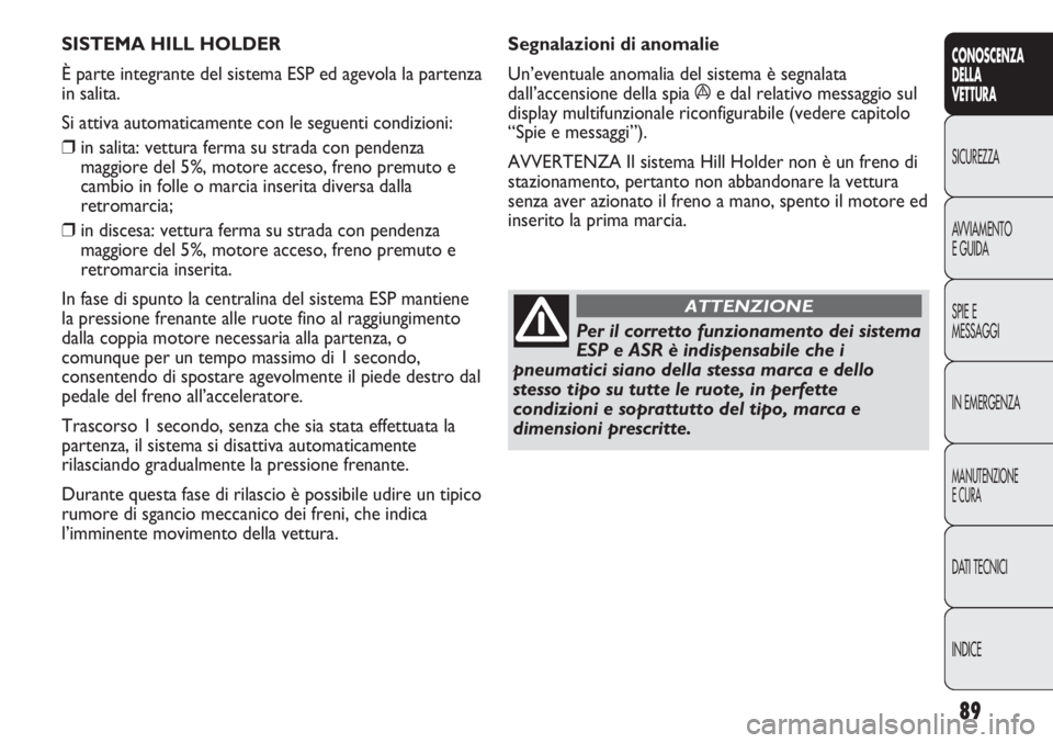 Abarth Punto Evo 2012  Libretto Uso Manutenzione (in Italian) 89
CONOSCENZA
DELLA
VETTURA
SICUREZZA
AVVIAMENTO
E GUIDA
SPIE E
MESSAGGI
IN EMERGENZA
MANUTENZIONE
E CURA
DATI TECNICI
INDICE
SISTEMA HILL HOLDER 
È parte integrante del sistema ESP ed agevola la par