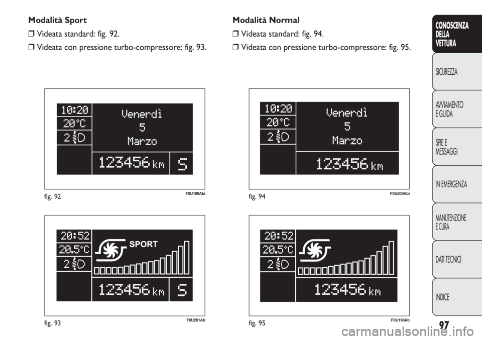 Abarth Punto Evo 2011  Libretto Uso Manutenzione (in Italian) 97
CONOSCENZA
DELLA
VETTURA
SICUREZZA
AVVIAMENTO
E GUIDA
SPIE E
MESSAGGI
IN EMERGENZA
MANUTENZIONE
E CURA
DATI TECNICI
INDICE
F0U201Abfig. 93
F0U199Abifig. 92
F0U196Abfig. 95
F0U200Abifig. 94
Modalit