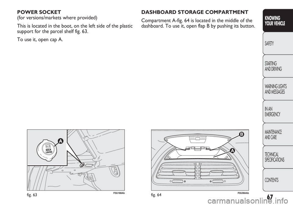 Abarth Punto Evo 2012  Owner handbook (in English) 67
KNOWING
YOUR VEHICLE
SAFETY
STARTING 
AND DRIVING
WARNING LIGHTS
AND MESSAGES
IN AN 
EMERGENCY
MAINTENANCE
AND CARE
TECHNICAL
SPECIFICATIONS
CONTENTS
F0U064Abfig. 64
POWER SOCKET
(for versions/mark