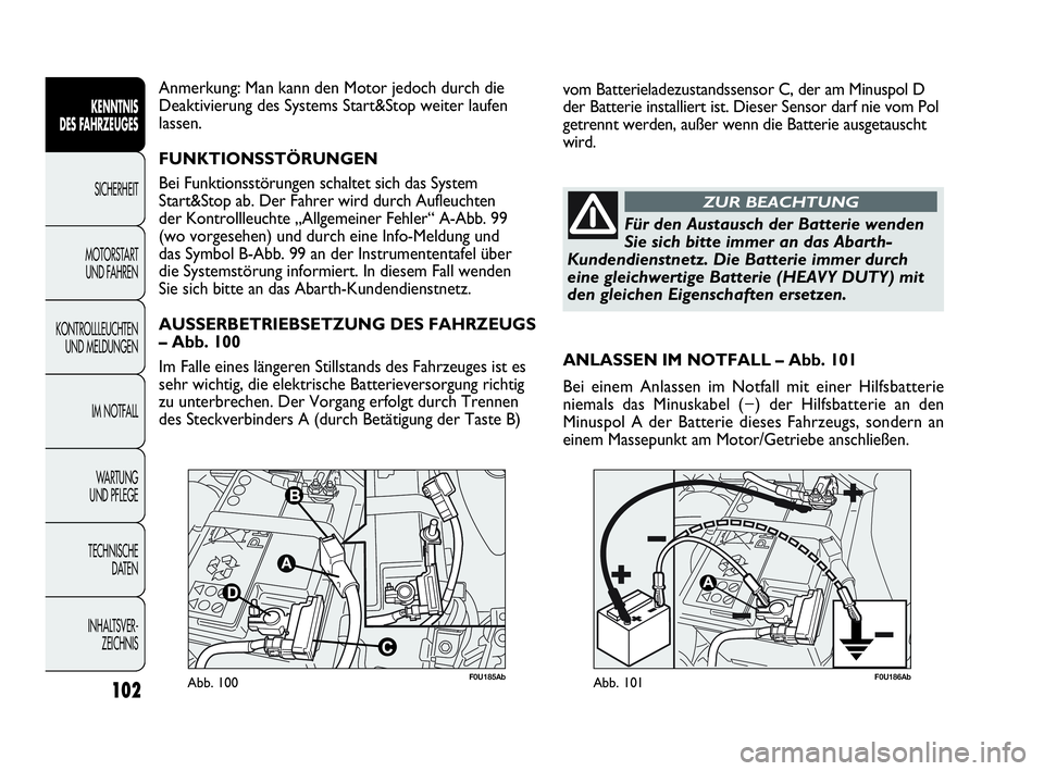 Abarth Punto Evo 2010  Betriebsanleitung (in German) 102
KENNTNIS 
DES FAHRZEUGES
SICHERHEIT
MOTORSTART 
UND FAHREN
KONTROLLLEUCHTEN
UND MELDUNGEN
IM NOTFALL
WA R T U N G  
UND PFLEGE
TECHNISCHE 
DATEN
INHALTSVER-
ZEICHNIS 
F0U185AbAbb. 100F0U186AbAbb. 